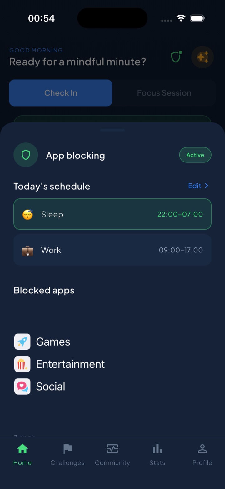 Unscrol app-blocking panel with an Active badge, today's schedule showing Sleep 22:00 to 07:00 and Work 09:00 to 17:00, and blocked categories Games, Entertainment, and Social.