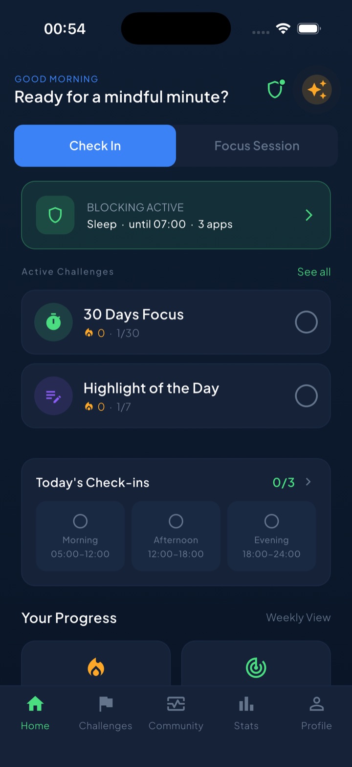 Unscrol's scheduled block routine screen with a radial time dial and weekday picker