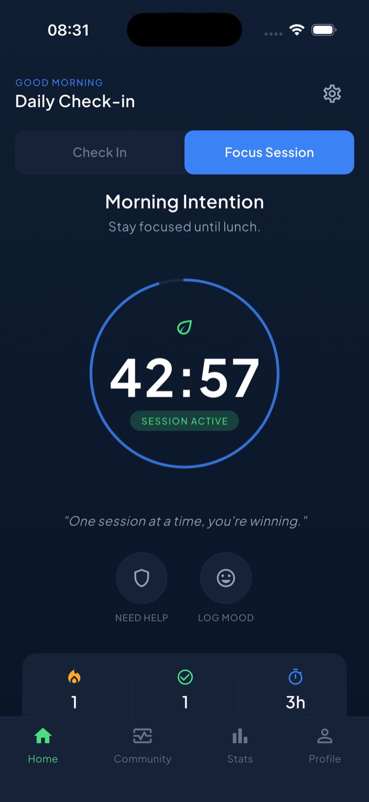Unscrol focus session with a Morning Intention to stay focused until lunch, a circular 42:57 countdown, and a SESSION ACTIVE badge.