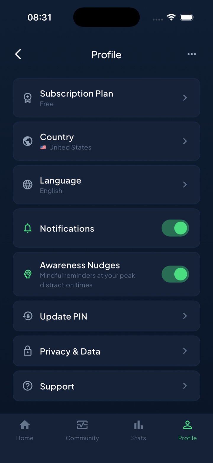 Unscrol settings screen with an Awareness Nudges toggle described as mindful reminders at your peak distraction times.